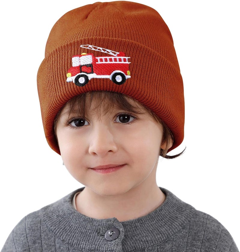 KDVOG Store Kids Knit Beanie Cute Fire Trucks Embroidery Warm Cuffed Skull Caps Classic Autumn Winter Hats for Boys Girls 3-8 Years - Image 3